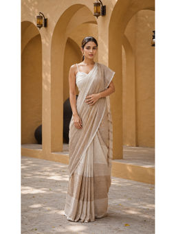 AMRUTKALA SAREES - Beige Designer Linen Printed Saree with Unstitched Blouse