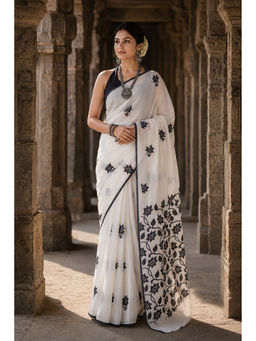 AMRUTKALA SAREES - White Designer Linen Printed Saree with Unstitched Blouse