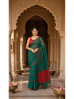 AMRUTKALA SAREES - Green Designer Linen Printed Saree with Unstitched Blouse