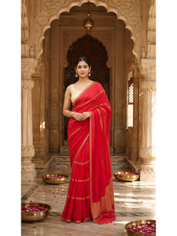 AMRUTKALA SAREES - Red Designer Linen Printed Saree with Unstitched Blouse