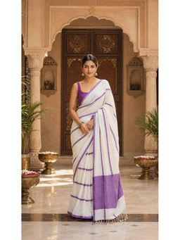 AMRUTKALA SAREES - White Designer Linen Printed Saree with Unstitched Blouse