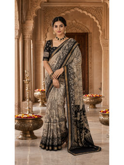 AMRUTKALA SAREES - Black Designer Linen Printed Saree with Unstitched Blouse