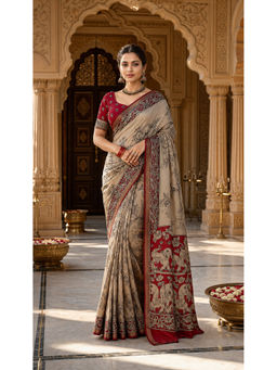 AMRUTKALA SAREES - Brown Designer Linen Printed Saree with Unstitched Blouse