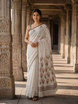 AMRUTKALA SAREES - White Designer Linen Printed Saree with Unstitched Blouse