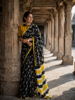 AMRUTKALA SAREES - Black Designer Linen Printed Saree with Unstitched Blouse