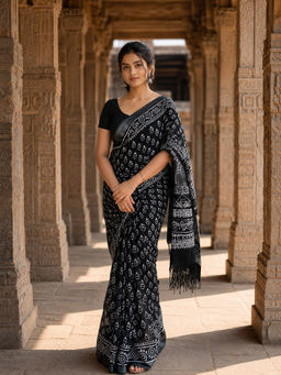 AMRUTKALA SAREES - Black Designer Linen Printed Saree with Unstitched Blouse