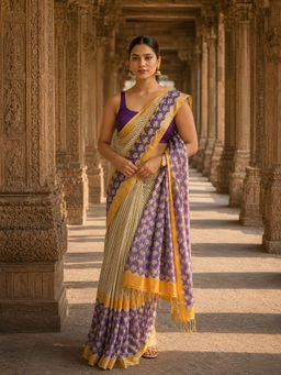 AMRUTKALA SAREES - Beige Designer Linen Printed Saree with Unstitched Blouse