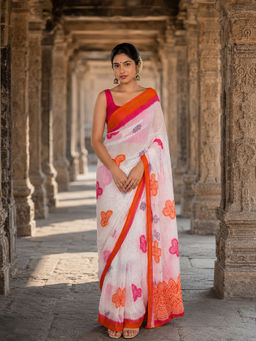 AMRUTKALA SAREES - White Designer Linen Printed Saree with Unstitched Blouse
