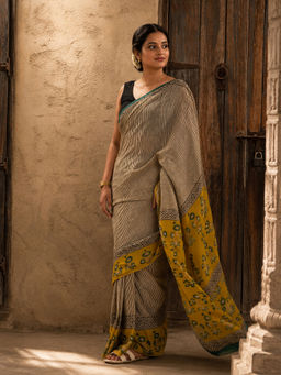 AMRUTKALA SAREES - Yellow Designer Linen Printed Saree with Unstitched Blouse