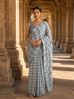 AMRUTKALA SAREES - Grey Designer Linen Printed Saree with Unstitched Blouse