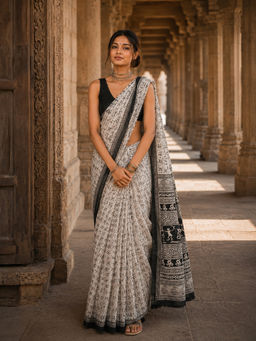 AMRUTKALA SAREES - White Designer Linen Printed Saree with Unstitched Blouse