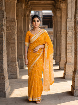 AMRUTKALA SAREES - Orange Designer Linen Printed Saree with Unstitched Blouse