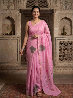 AMRUTKALA SAREES - Pink Designer Linen Printed Saree with Unstitched Blouse