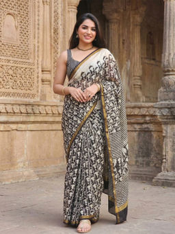 AMRUTKALA SAREES - Black Designer Linen Printed Saree with Unstitched Blouse