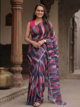 AMRUTKALA SAREES - Purple Designer Linen Printed Saree with Unstitched Blouse