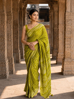 AMRUTKALA SAREES - Green Designer Linen Printed Saree with Unstitched Blouse