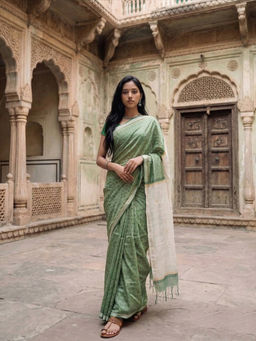 AMRUTKALA SAREES - Green Designer Linen Printed Saree with Unstitched Blouse
