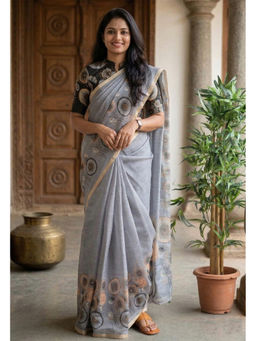 AMRUTKALA SAREES - Grey Designer Linen Printed Saree with Unstitched Blouse