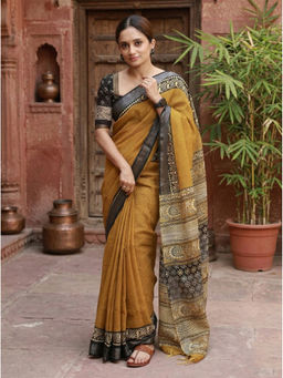 AMRUTKALA SAREES - Yellow Designer Linen Printed Saree with Unstitched Blouse