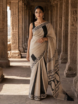 AMRUTKALA SAREES - Beige Designer Linen Printed Saree with Unstitched Blouse