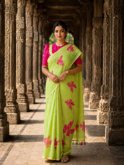 AMRUTKALA SAREES - Green Designer Linen Printed Saree with Unstitched Blouse