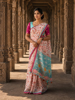 AMRUTKALA SAREES - White Designer Linen Printed Saree with Unstitched Blouse