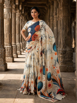 AMRUTKALA SAREES - White Designer Linen Printed Saree with Unstitched Blouse