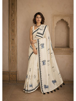 AMRUTKALA SAREES - Beige Designer Linen Printed Saree with Unstitched Blouse