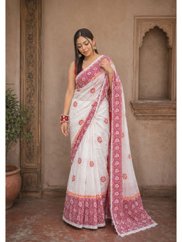AMRUTKALA SAREES - White Designer Linen Printed Saree with Unstitched Blouse