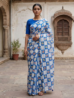 AMRUTKALA SAREES - Blue Designer Linen Printed Saree with Unstitched Blouse