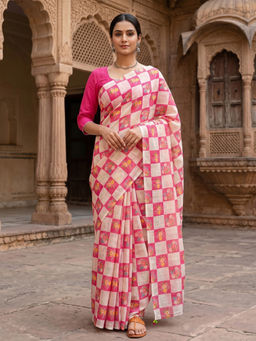 AMRUTKALA SAREES - Pink Designer Linen Printed Saree with Unstitched Blouse