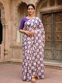 AMRUTKALA SAREES - Purple Designer Linen Printed Saree with Unstitched Blouse