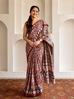 AMRUTKALA SAREES - Red Designer Linen Printed Saree with Unstitched Blouse