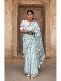 AMRUTKALA SAREES - White Designer Linen Printed Saree with Unstitched Blouse