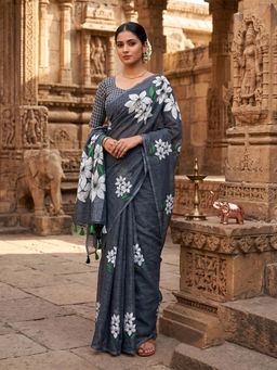 AMRUTKALA SAREES - Black Designer Linen Printed Saree with Unstitched Blouse