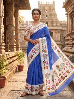 AMRUTKALA SAREES - Blue Designer Linen Printed Saree with Unstitched Blouse