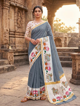 AMRUTKALA SAREES - Grey Designer Linen Printed Saree with Unstitched Blouse