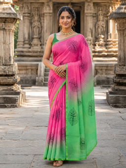 AMRUTKALA SAREES - Pink Designer Linen Printed Saree with Unstitched Blouse