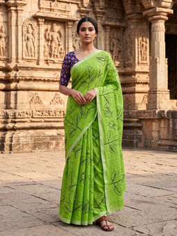 AMRUTKALA SAREES - Green Designer Linen Printed Saree with Unstitched Blouse