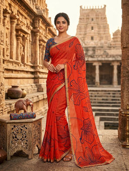 AMRUTKALA SAREES - Orange Designer Linen Printed Saree with Unstitched Blouse