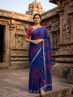 AMRUTKALA SAREES - Blue Designer Linen Printed Saree with Unstitched Blouse