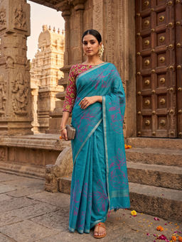 AMRUTKALA SAREES - Blue Designer Linen Printed Saree with Unstitched Blouse