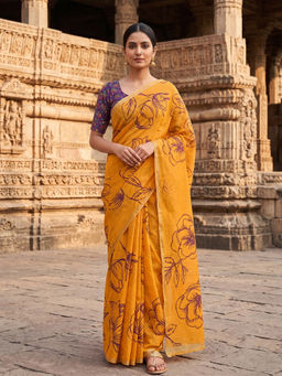 AMRUTKALA SAREES - Yellow Designer Linen Printed Saree with Unstitched Blouse