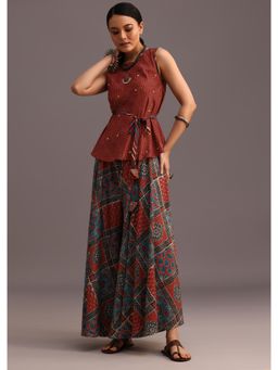 KALKI FASHION - Red Ajrakh Printed Kurti & Palazzo with Belt (Set of 3)