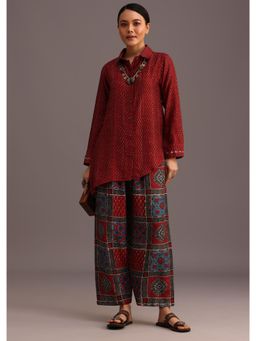 KALKI FASHION - Red Ajrakh Printed Shirt & Pant with Embroidery (Set of 2)