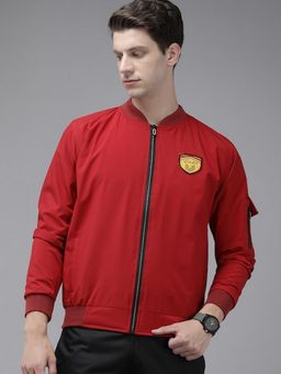 Voxati - Men Red Polyester High Neck Solid Windcheater Jacket