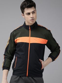 Voxati - Men Blue Polyester High Neck Colorblock Bomber Jacket