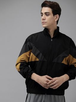 Voxati - Men Black Polyester High Neck Colorblock Bomber Jacket