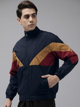 Voxati - Men Blue Polyester High Neck Colorblock Windcheater Jacket