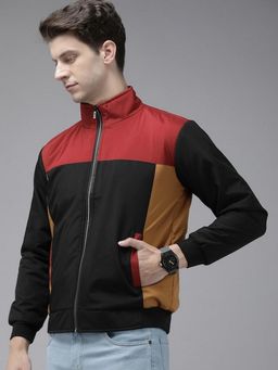 Voxati - Men Black Polyester High Neck Colorblock Bomber Jacket